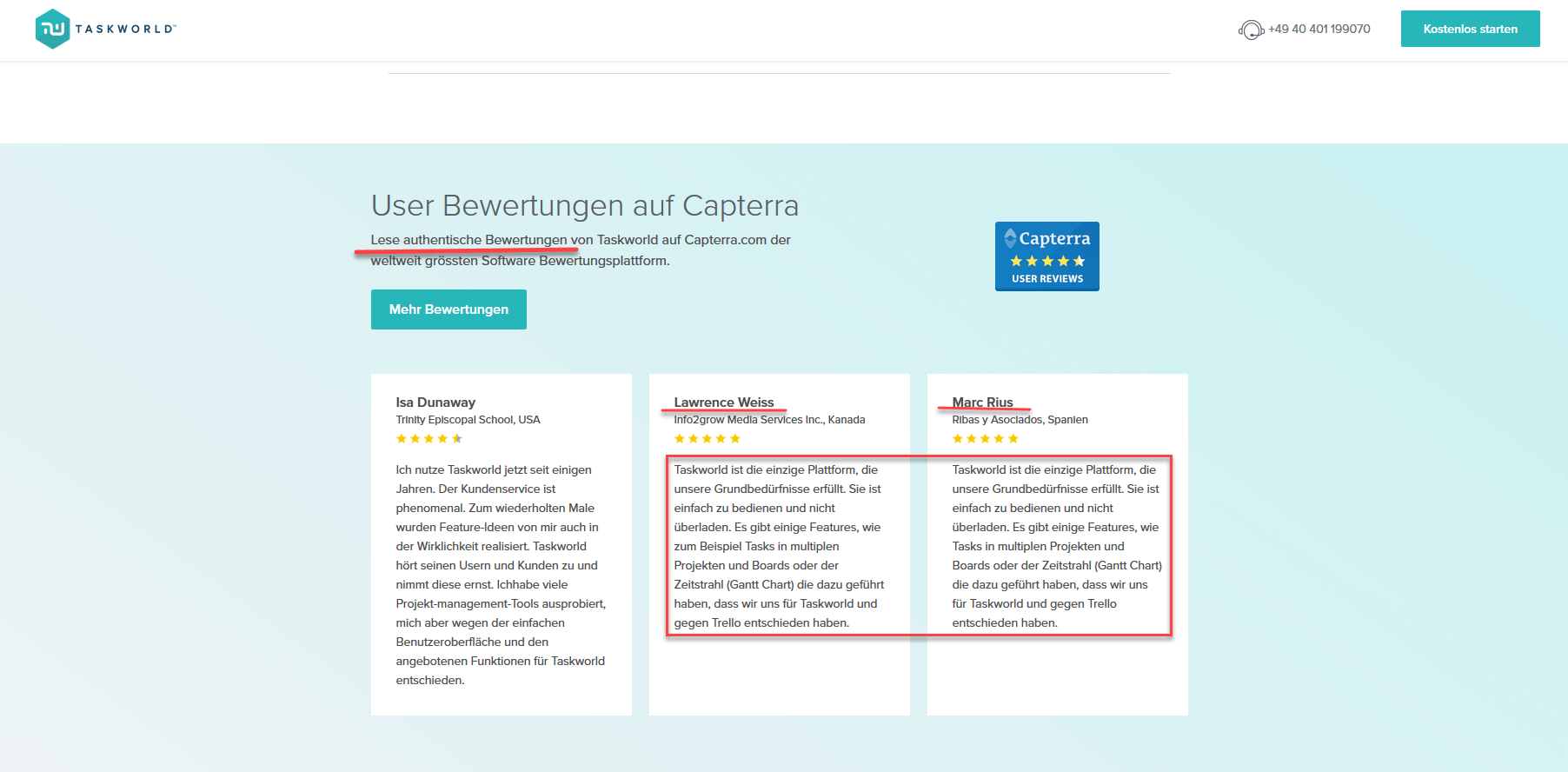 Screenshot von taskworld.com mit Fake Bewertungen